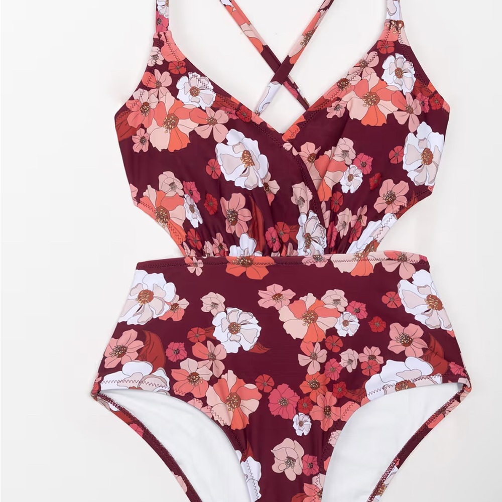Cupshe Olivia Floral One Piece Swimsuit Size XL NWT Burgundy Orange cross back